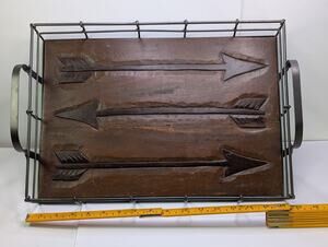 Rustic Wood Metal Serving Tray Carved Arrow Design Handles 16x12 Farmhouse Decor